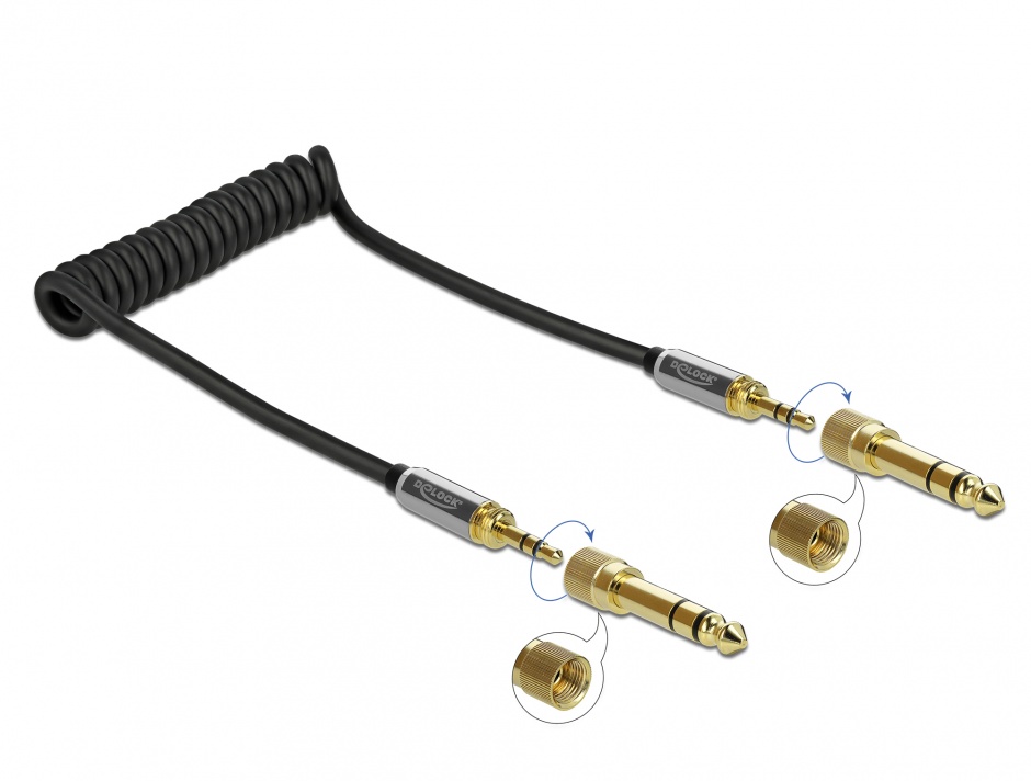 Imagine Cablu spiralat jack stereo 3.5mm 3 pini T-T + adaptor 6.35mm 1m, Delock 85836