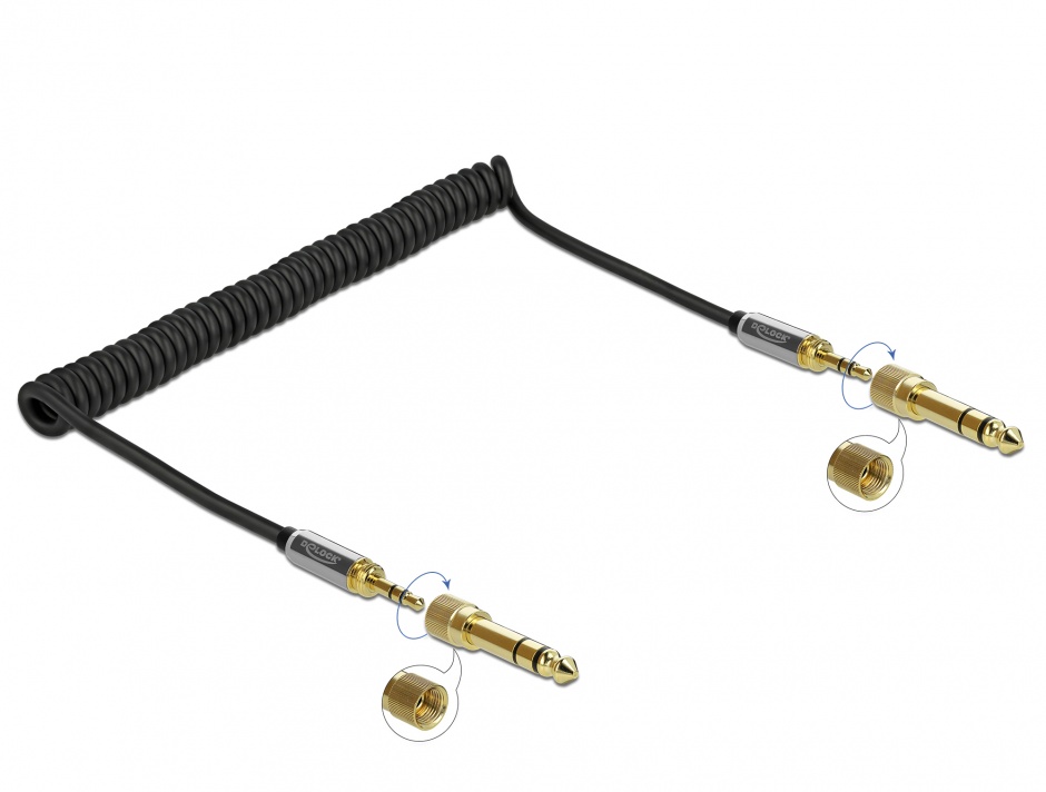 Imagine Cablu spiralat jack stereo 3.5mm 3 pini T-T + adaptor 6.35mm 2m, Delock 85837