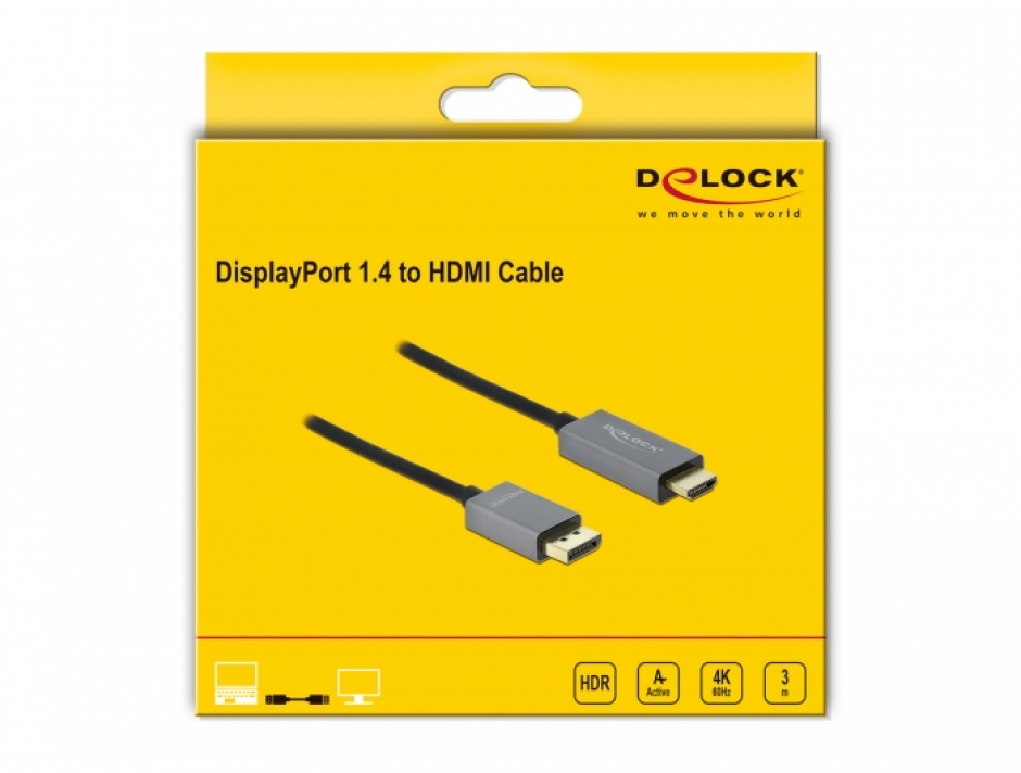 Imagine Cablu activ DisplayPort 1.4 la HDMI 4K@60 Hz (HDR) T-T 3m, Delock 85930