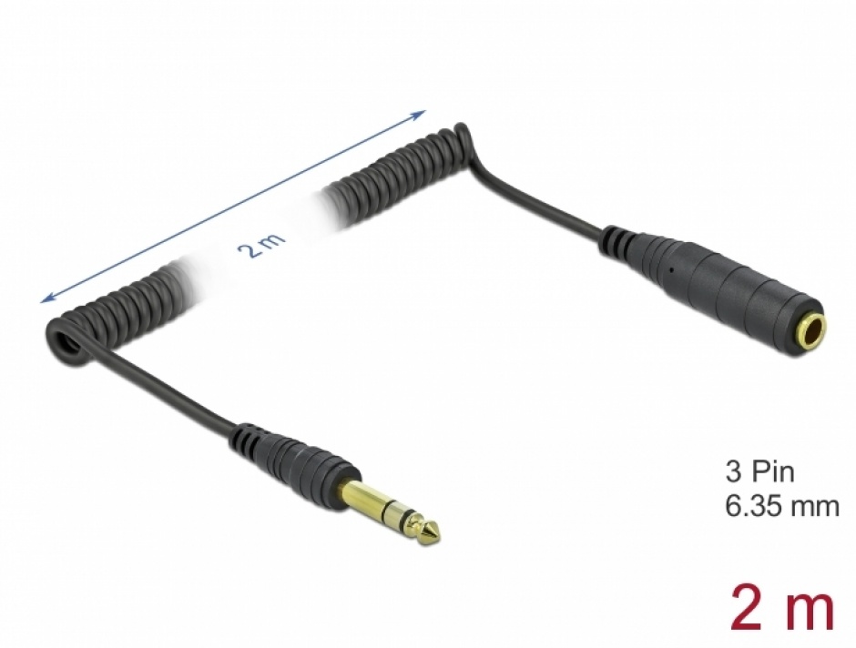Imagine Cablu prelungitor jack stereo 6.35mm T-M 2m negru, Delock 85938