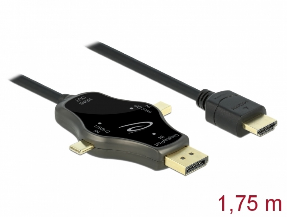 Imagine Cablu 3 in 1 USB-C / DisplayPort / mini DisplayPort la HDMI 4K@60Hz 1.75m, Delock 85974
