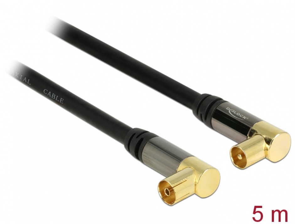 Imagine Cablu prelungitor antena IEC Plug la IEC Jack RG-6/U 5m unghi Negru, Delock 88917