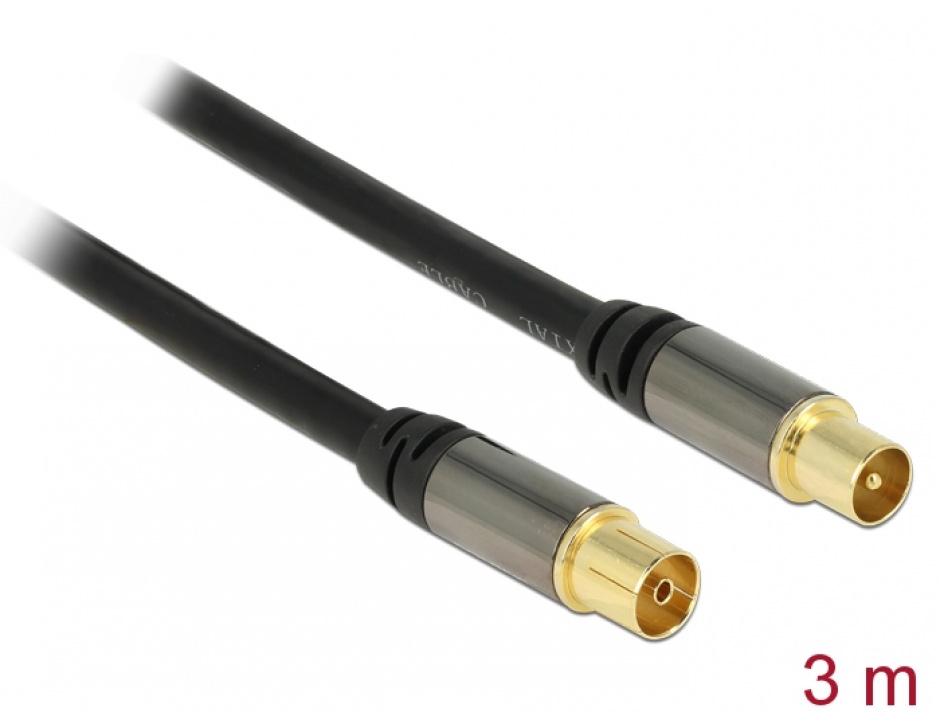 Imagine Cablu prelungitor antena IEC Plug la IEC Jack RG-6/U 3m Negru, Delock 88924