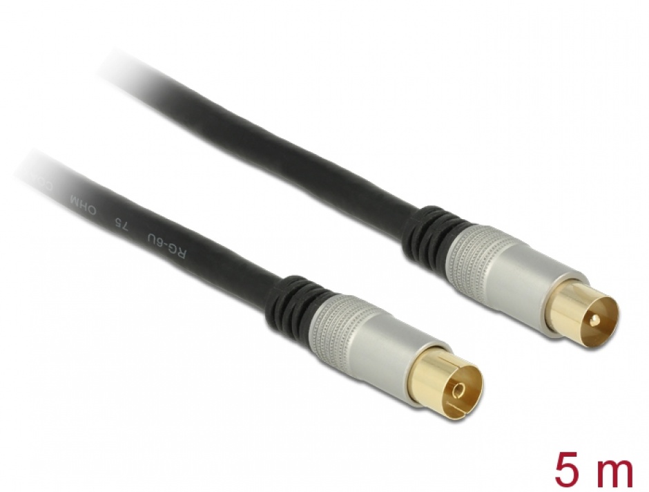 Imagine Cablu de antena IEC Plug la IEC Jack RG-6/U ecranat 5m Negru Premium, Delock 88948