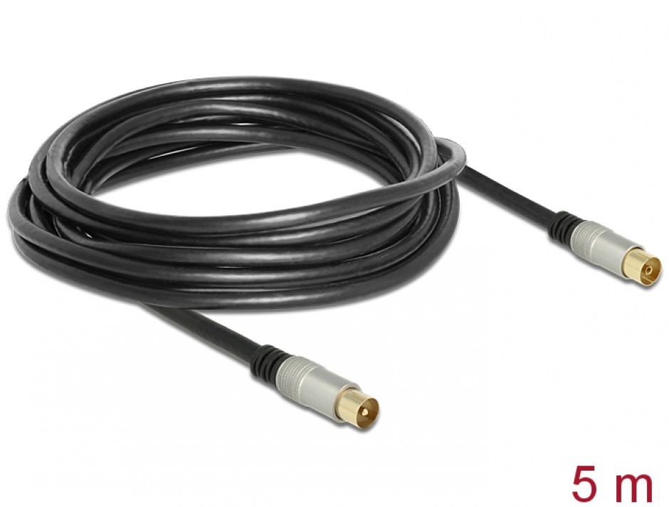 Imagine Cablu de antena IEC Plug la IEC Jack RG-6/U ecranat 5m Negru Premium, Delock 88948