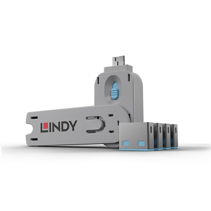 Imagine Sistem de blocare Port USB cheie + 4 incuietori Bleu, Lindy L40452
