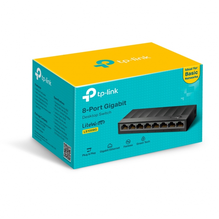 Imagine Switch Desktop LiteWave 8 porturi Gigabit Negru, TP-LINK LS1008G