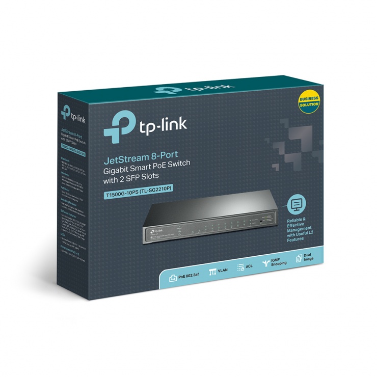 Imagine Switch JetStream 8 porturi Gigabit Smart PoE cu 2 SFP, TP-LINK T1500G-10PS(TL-SG2210P) 