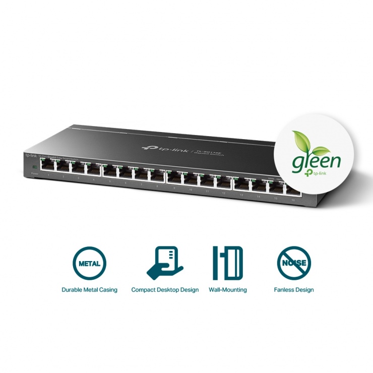 Imagine Switch Unmanaged Pro 16 porturi Gigabit carcasa metalica, TP-LINK TL-SG116E