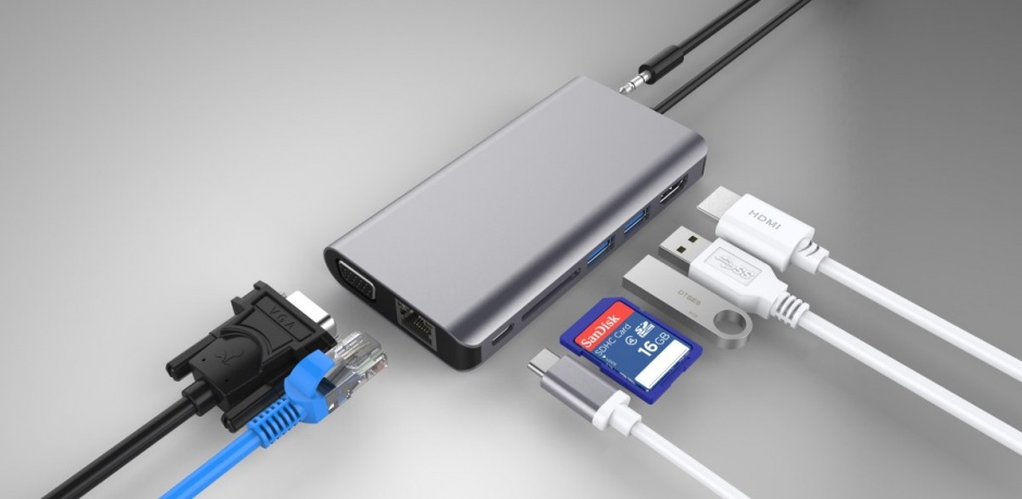 Imagine Docking station USB-C la HDMI + VGA + RJ45 + 2 x USB 3.0 + SD card + jack 3.5mm + PD