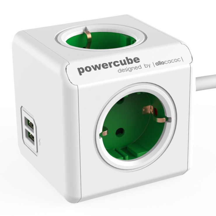 Imagine Prelungitor in forma de cub PowerCube Extended 4 prize si 2 x USB 1.5m Verde, Allocacoc