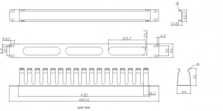 Imagine Front Panel 19" 1U cu organizator pentru cabluri 40x40mm RAL7035 Negru, Value 26.99.0304
