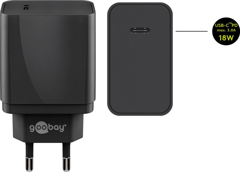 Imagine Incarcator priza 1 x USB-C PD (Power Delivery) Fast charger 2A/18W Negru, Goobay 44958