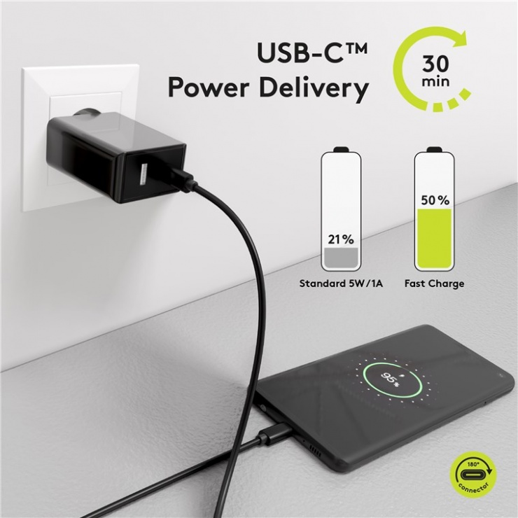 Imagine Incarcator priza 1 x USB-A + 1 x USB-C PD (Power Delivery) fast charger 3A/28W Negru, Goobay 44960