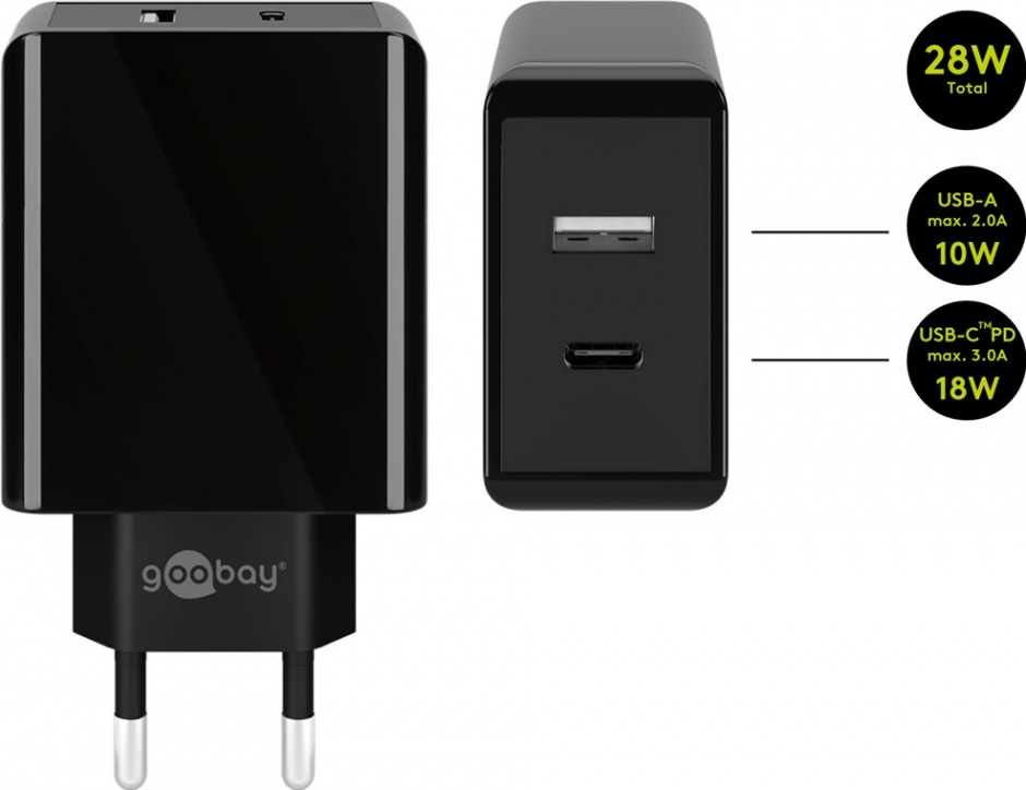 Imagine Incarcator priza 1 x USB-A + 1 x USB-C PD (Power Delivery) fast charger 3A/28W Negru, Goobay 44960