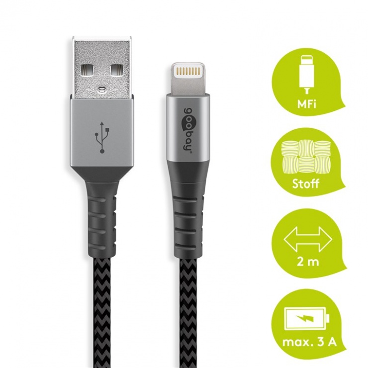 Imagine Cablu de date si incarcare USB la iPhone Lightning T-T 2m, Goobay G49269