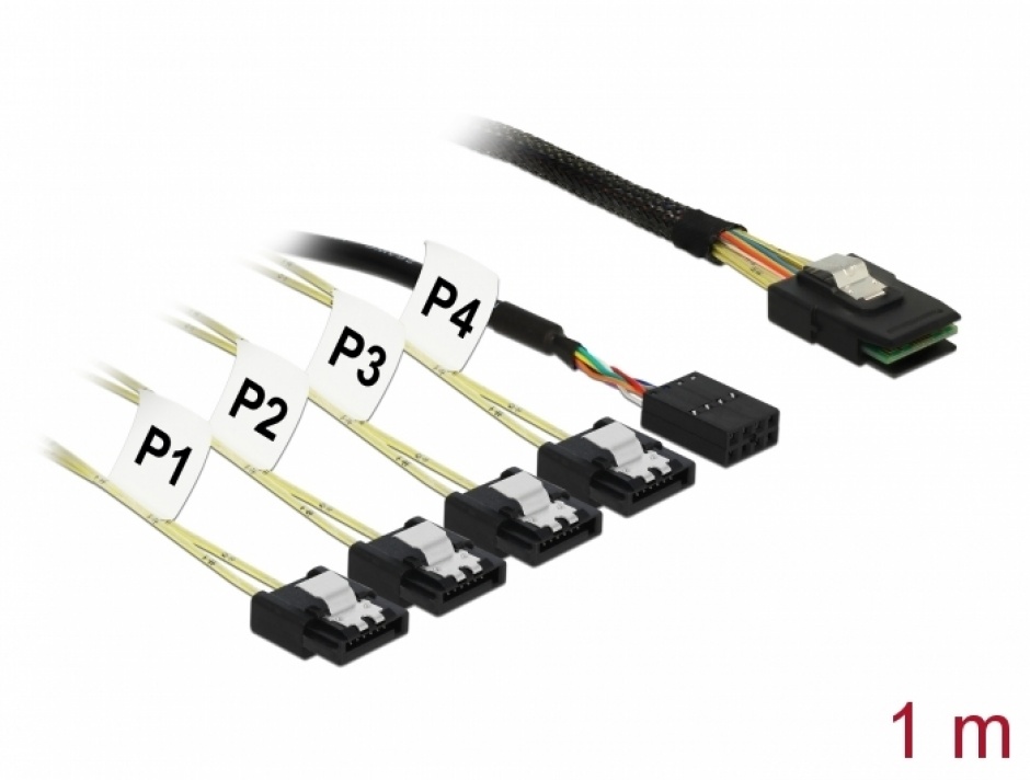 Imagine Cablu Mini SAS SFF-8087 > 4 x SATA 7 pin Reverse + Sideband 1m, Delock 83319