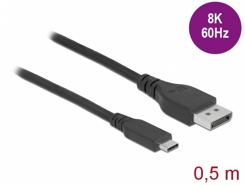 Imagine Cablu bidirectional USB Type-C la DisplayPort (DP Alt Mode) 8K60Hz 0.5m (DP 8K certificat), Delock 86037