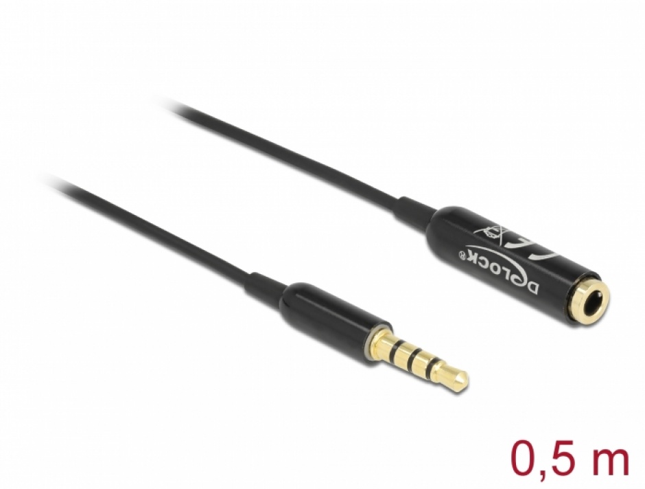 Imagine Cablu prelungitor Ultra Slim jack stereo 3.5mm 4 pini T-M 0.5m Negru, Delock 66074