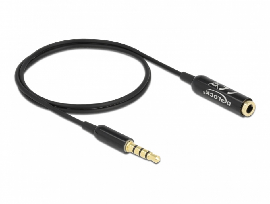 Imagine Cablu prelungitor Ultra Slim jack stereo 3.5mm 4 pini T-M 0.5m Negru, Delock 66074