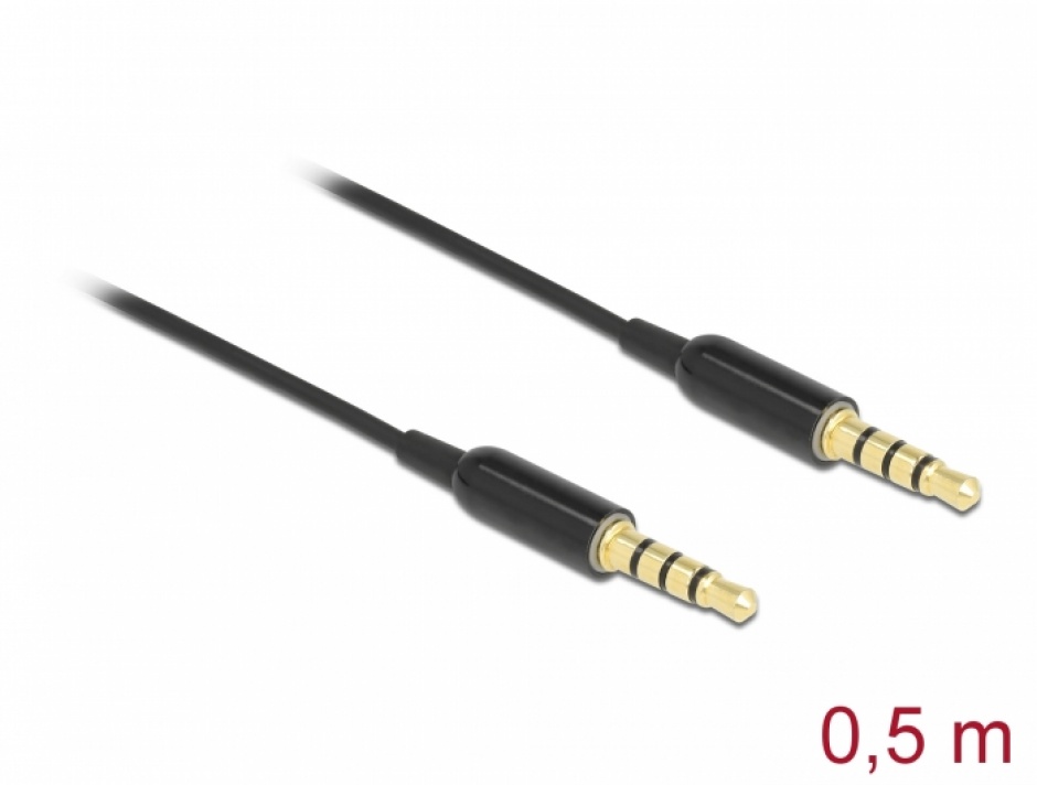 Imagine Cablu audio Ultra Slim jack stereo 3.5mm 4 pini T-T 0.5m Negru, Delock 66075