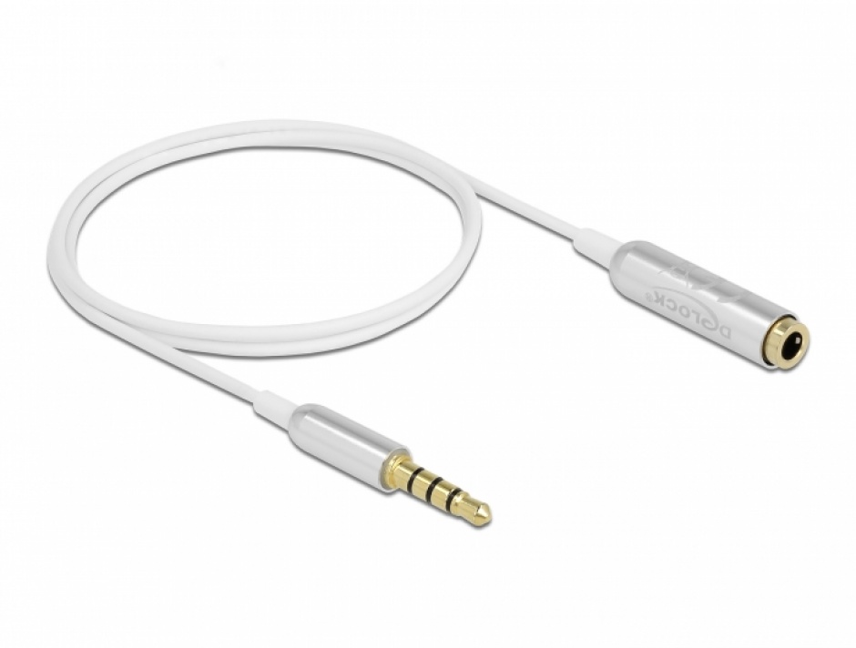 Imagine Cablu prelungitor Ultra Slim jack stereo 3.5mm 4 pini T-M 0.5m Alb, Delock 66072