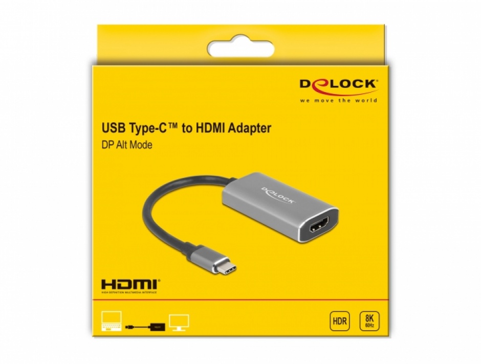 Imagine Adaptor USB type C la HDMI (DP Alt Mode) 8K60Hz cu HDR, Delock 62632