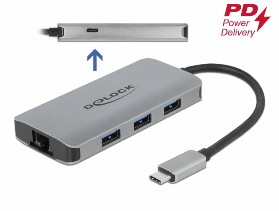 Imagine HUB USB 3.2 Gen 1-C la 3 x USB-A + Gigabit LAN + alimentare PD, Delock 63252