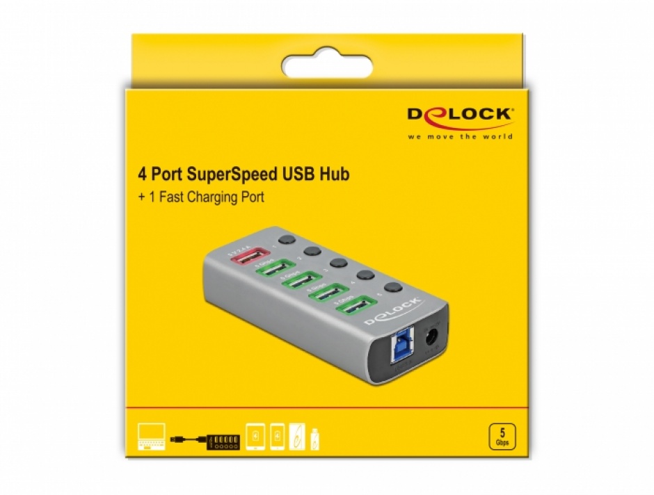 Imagine HUB USB 3.2 Gen 1 cu 4 porturi + 1 Fast Charging cu iluminare + switch ON/Off, Delock 63262