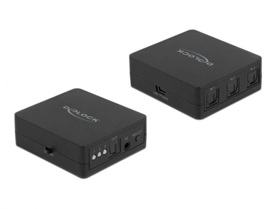 Imagine Switch S/PDIF Toslink 3 porturi cu telecomanda si alimentare USB, Delock 63395