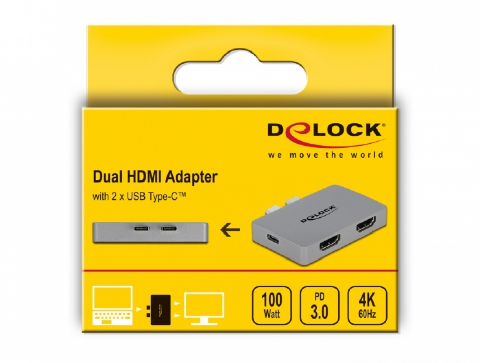 Imagine Adaptor pentru MacBook 2 x USB type C la 2 x HDMI 4K60Hz + 1 x USB-C PD 100W, Delock 64123