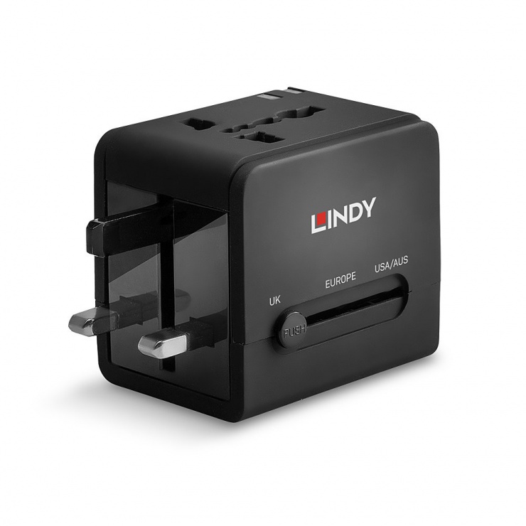 Imagine Incarcator priza cu adaptoare universale cu 2 x USB Negru, Lindy L73110