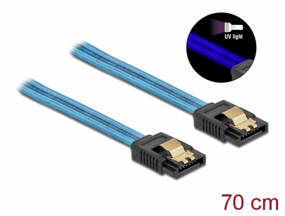 Imagine Cablu SATA III 6 Gb/s UV glow effect 70cm Albastru, Delock 82133