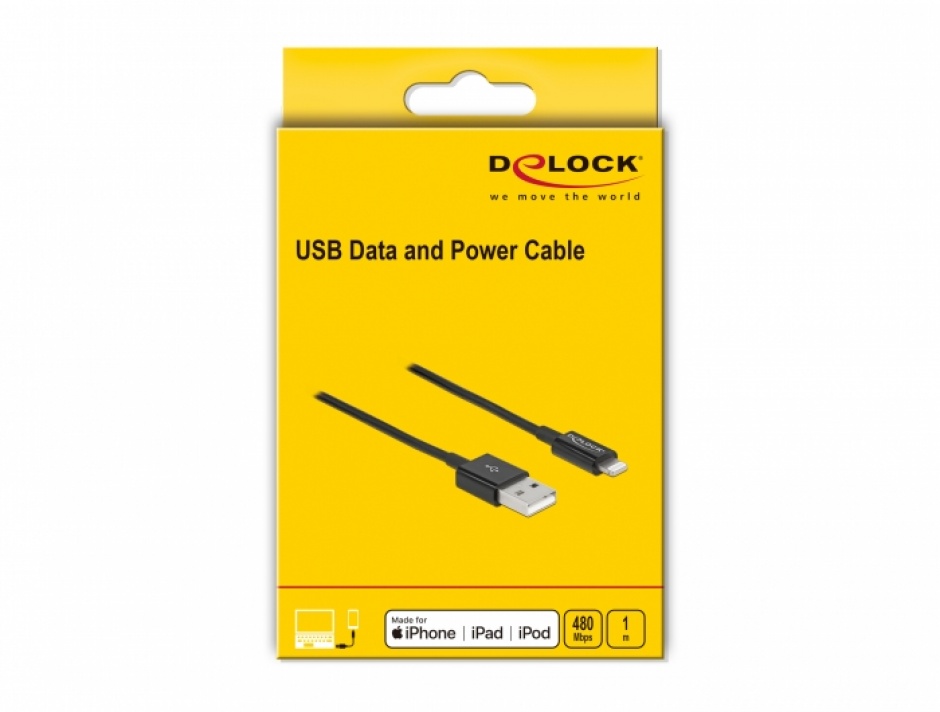 Imagine Cablu de date si incarcare USB la Apple Lightning MFI 1m Negru, Delock 83002