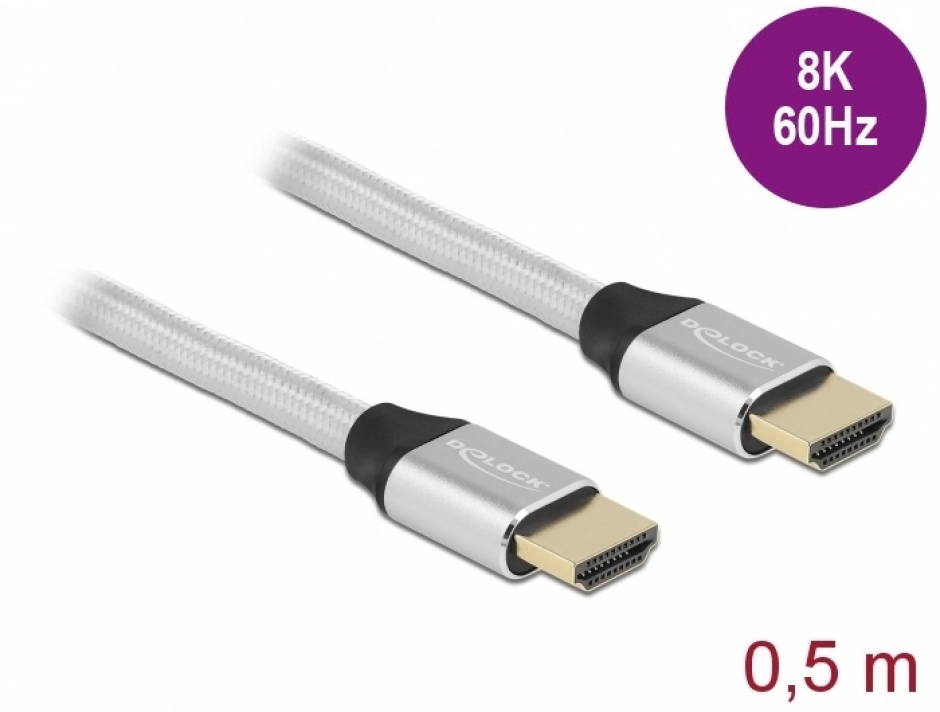 Imagine Cablu Ultra High Speed HDMI 48 Gbps 8K60Hz/4K240Hz 0.5m Silver Certificat, Delock 85365