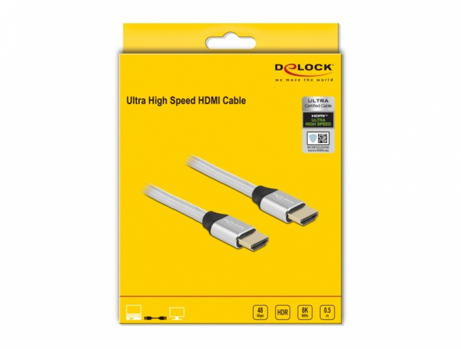 Imagine Cablu Ultra High Speed HDMI 48 Gbps 8K60Hz/4K240Hz 0.5m Silver Certificat, Delock 85365