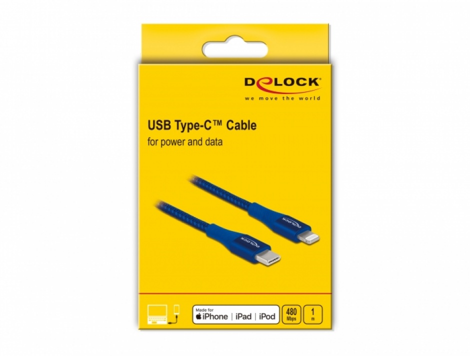 Imagine Cablu de date si incarcare USB Type-C la Lightning MFI Blue 1m, Delock 85416