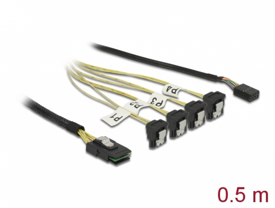 Imagine Cablu Mini SAS SFF-8087 la 4 x SATA 7 Pini + Sideband 0.5m, Delock 85683