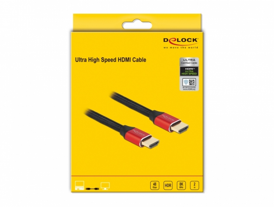 Imagine Cablu Ultra High Speed HDMI 48 Gbps 8K60Hz/4K240Hz 2m Rosu Certificat, Delock 85774