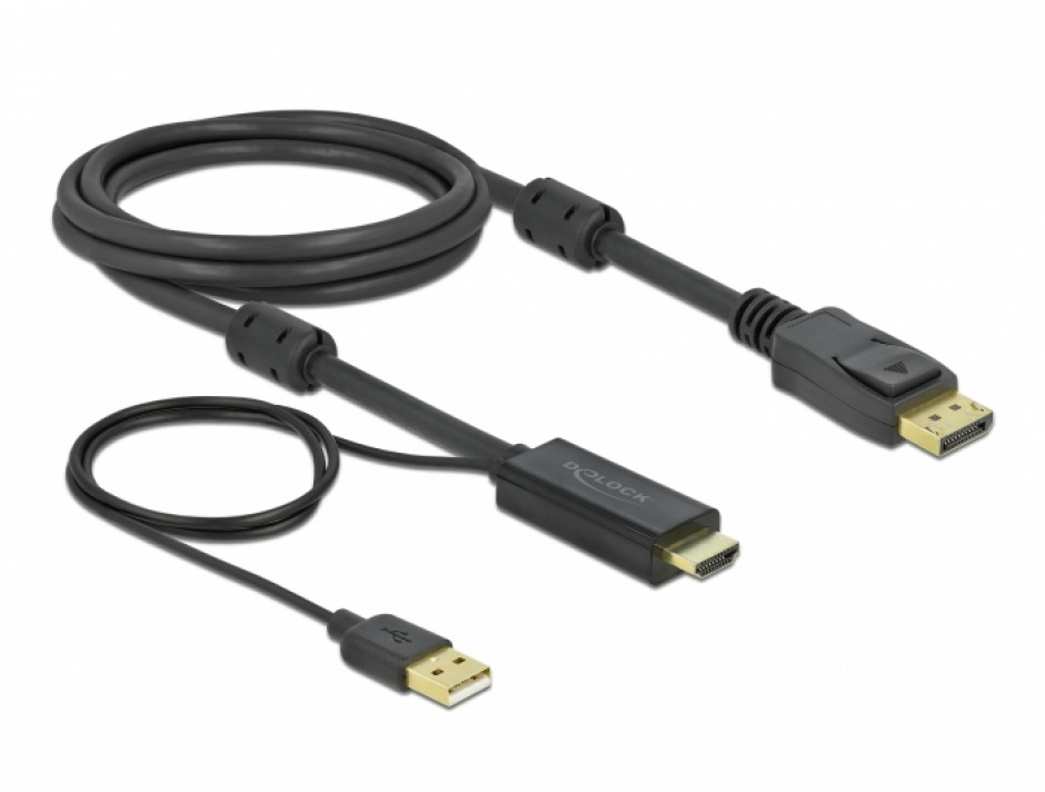 Imagine Cablu HDMI la DisplayPort 4K30Hz cu alimentare USB T-T 2m, Delock 85964