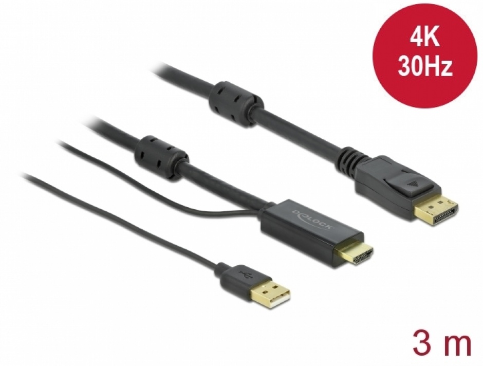 Imagine Cablu HDMI la DisplayPort 4K30Hz cu alimentare USB T-T 3m, Delock 85965