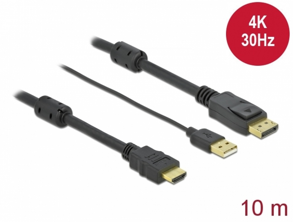 Imagine Cablu HDMI la DisplayPort 4K30Hz cu alimentare USB T-T 10m, Delock 85968