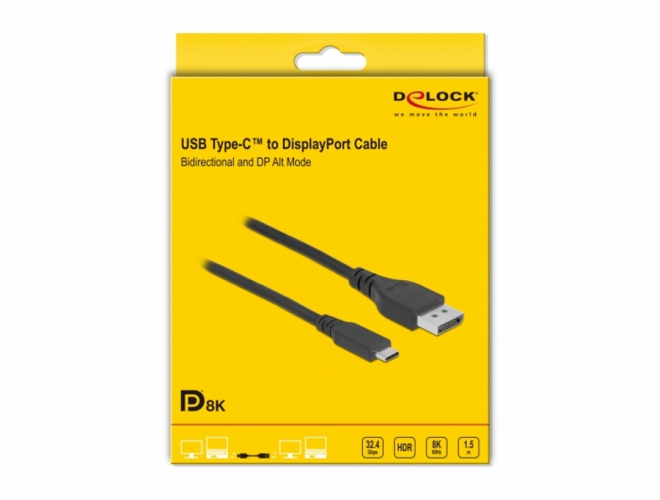 Imagine Cablu bidirectional USB Type-C la DisplayPort (DP Alt Mode) 8K60Hz 1.5m (DP 8K certificat), Delock 8