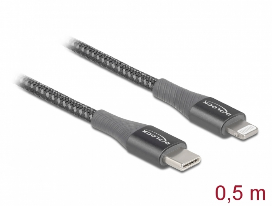 Imagine Cablu de date si incarcare USB Type-C la Lightning MFI Gri 0.5m, Delock 86630