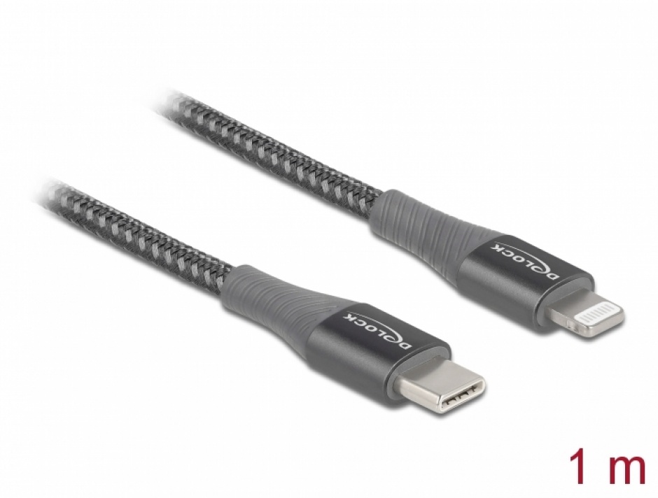 Imagine Cablu de date si incarcare USB Type-C la Lightning MFI Gri 1m, Delock 86631