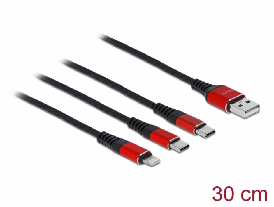 Imagine Cablu de incarcare 3 in 1 USB-A la Lightning / 2 x USB-C T-T 0.3m, Delock 86708