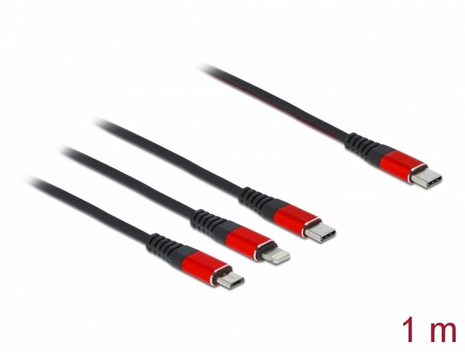 Imagine Cablu de incarcare USB 3 in 1 USB-C la Lightning / Micro USB / USB-C T-T 1m, Delock 86711