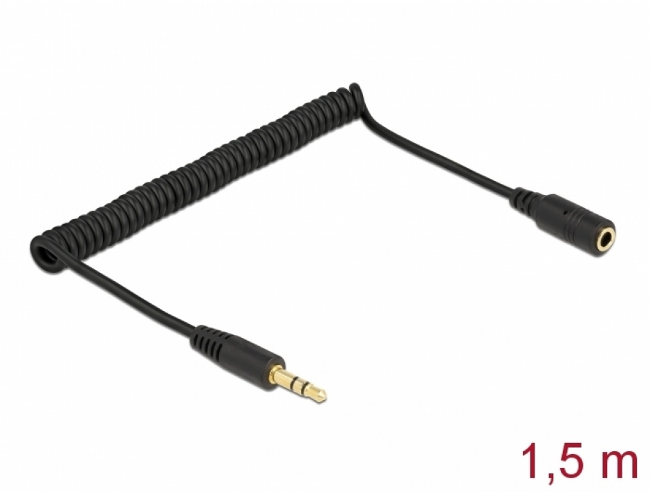 Imagine Cablu prelungitor jack stereo 3.5mm 3 pini T-M spiralat 1.5m Negru, Delock 86768