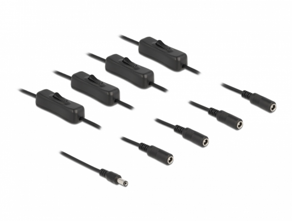 Imagine Cablu de alimentare DC 5.5 x 2.1 mm la 4 x DC 5.5 x 2.1 mm T-M cu switch On/Off 1m, Delock 86796