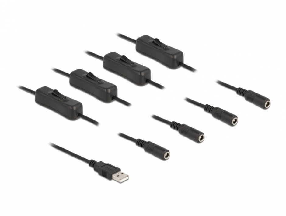 Imagine Cablu de alimentare USB-A la 4 x DC 5.5 x 2.1 mm T-M cu switch On/Off 1m, Delock 86799